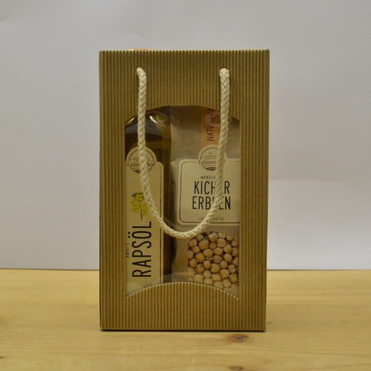 Geschenkpackung Rapsöl und Kichererbsen