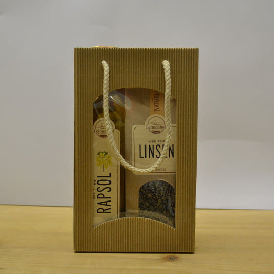 Geschenkpackung Rapsöl und Linsen